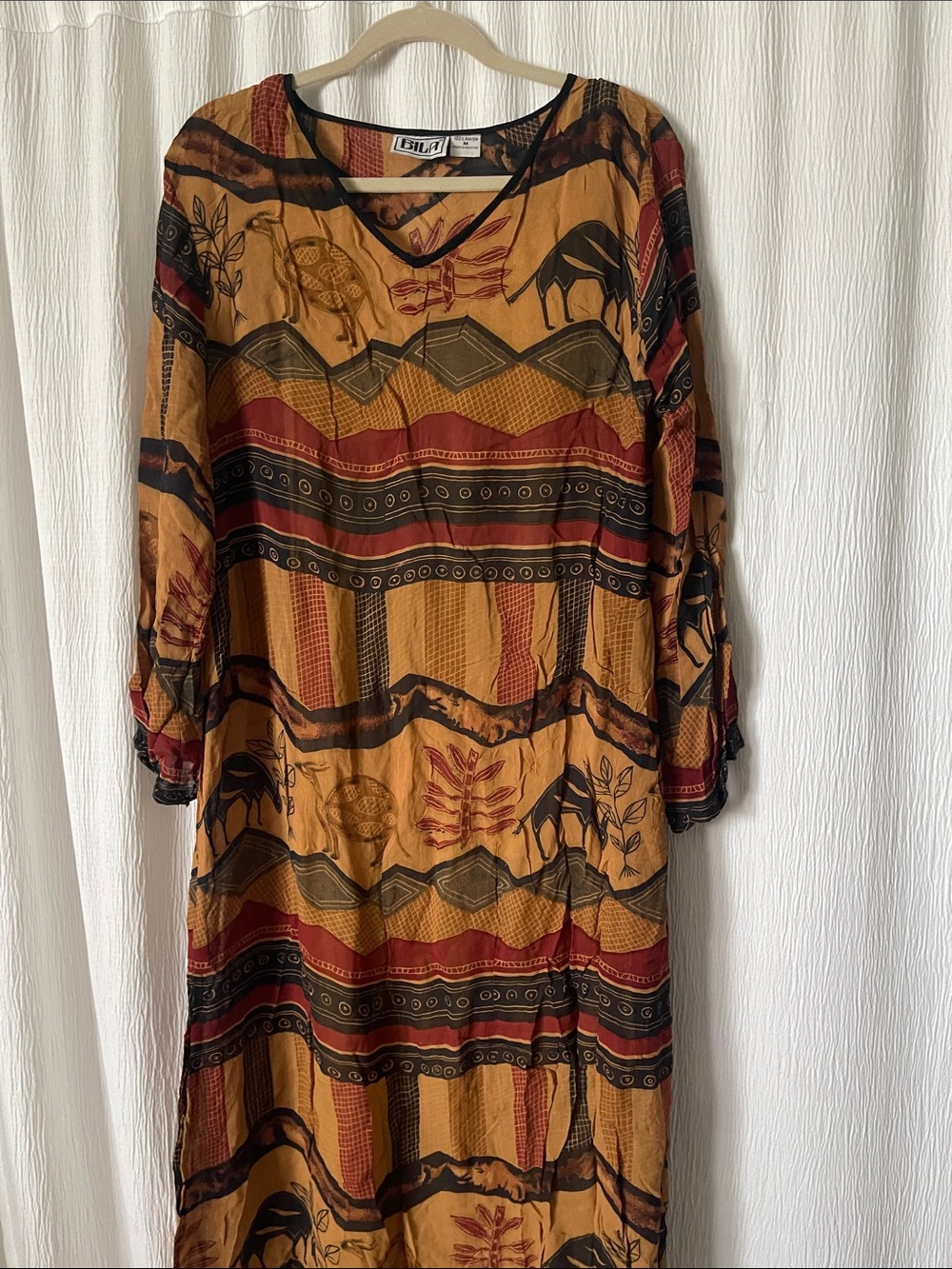 Bila Mustard, Rust & Black Printed Long Sleeve Maxi Dress